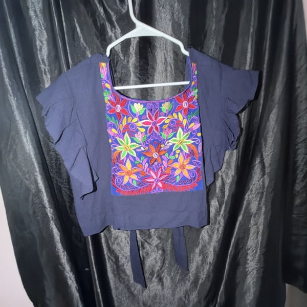 Mexican Artisan Embroidered Floral Ruffle Crop Top Navy Blue