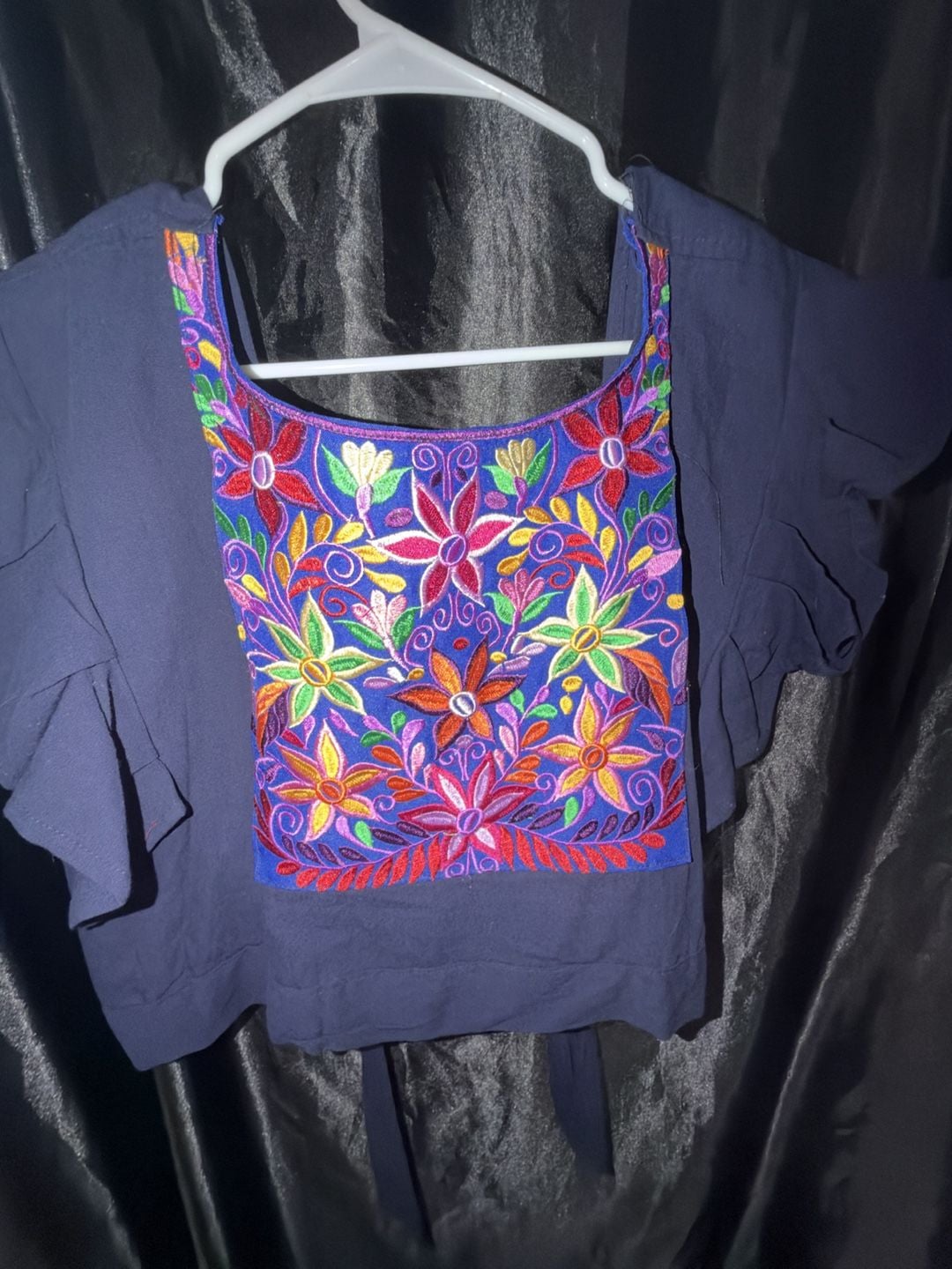 Mexican Artisan Embroidered Floral Ruffle Crop Top Navy Blue 3