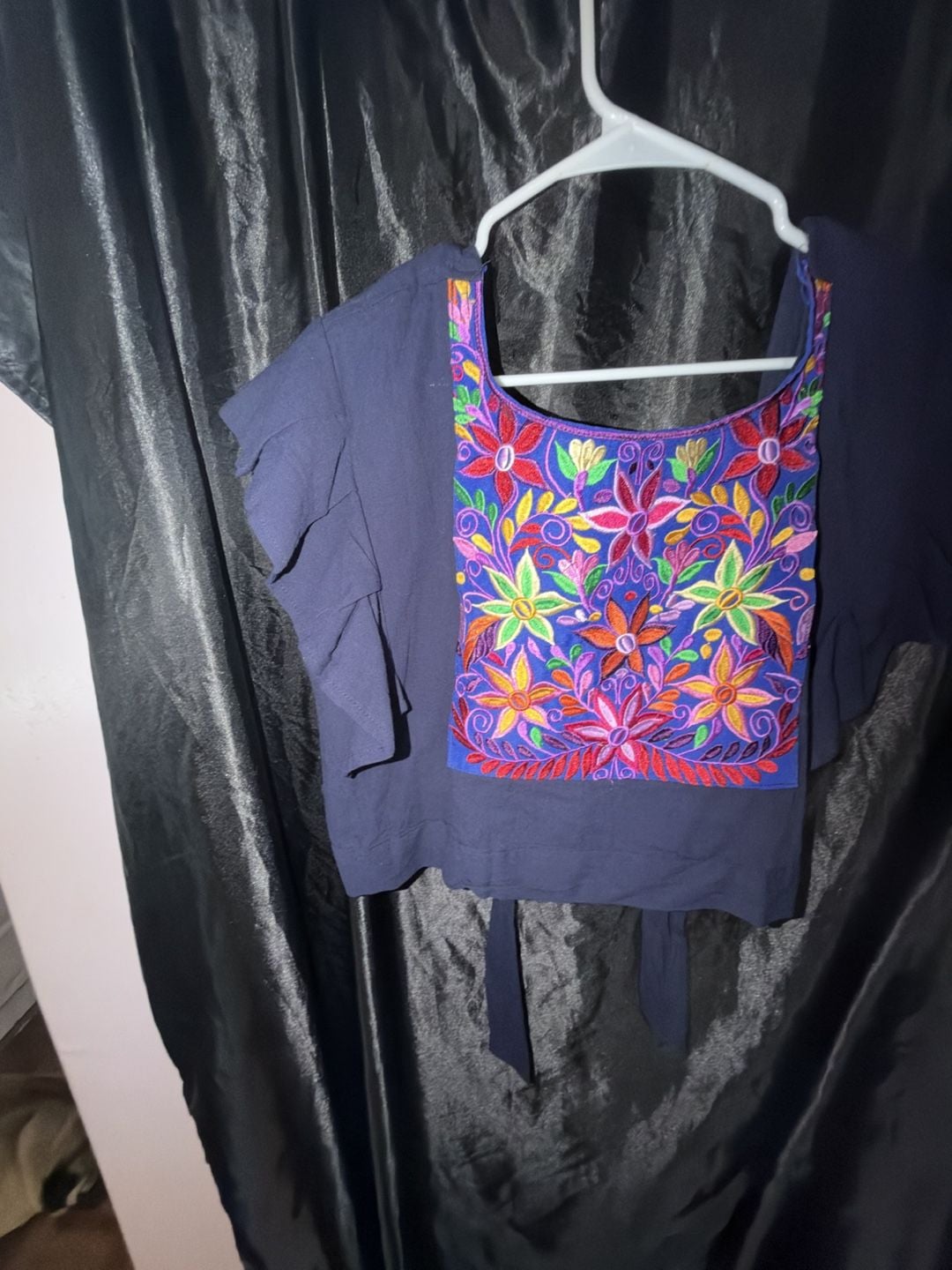 Mexican Artisan Embroidered Floral Ruffle Crop Top Navy Blue 4