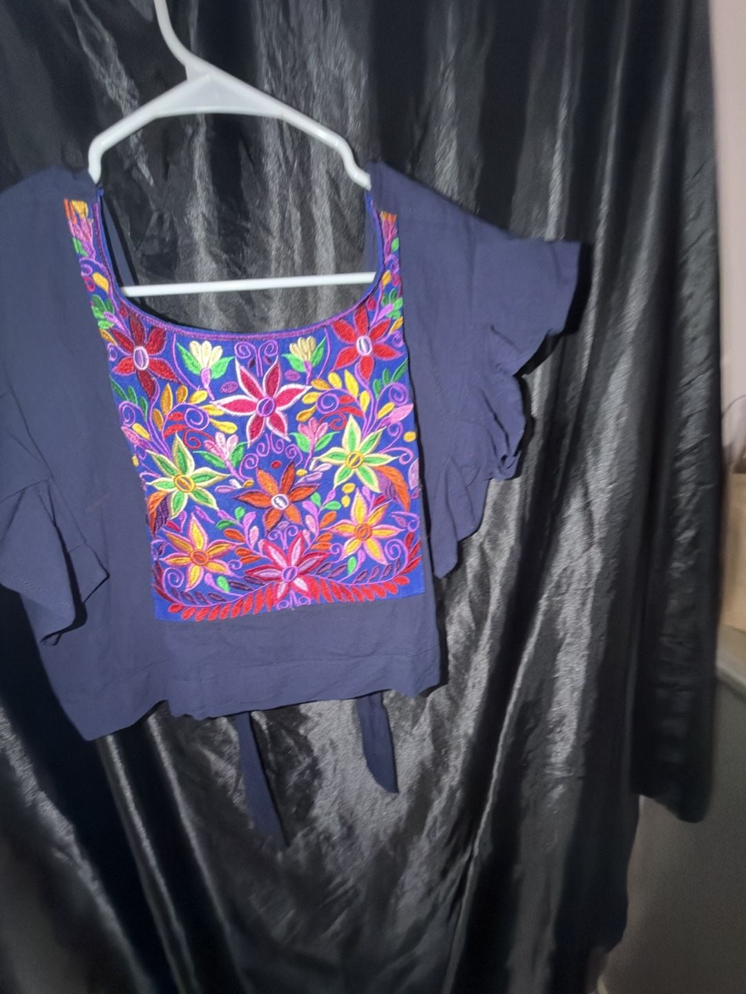 Mexican Artisan Embroidered Floral Ruffle Crop Top Navy Blue 5