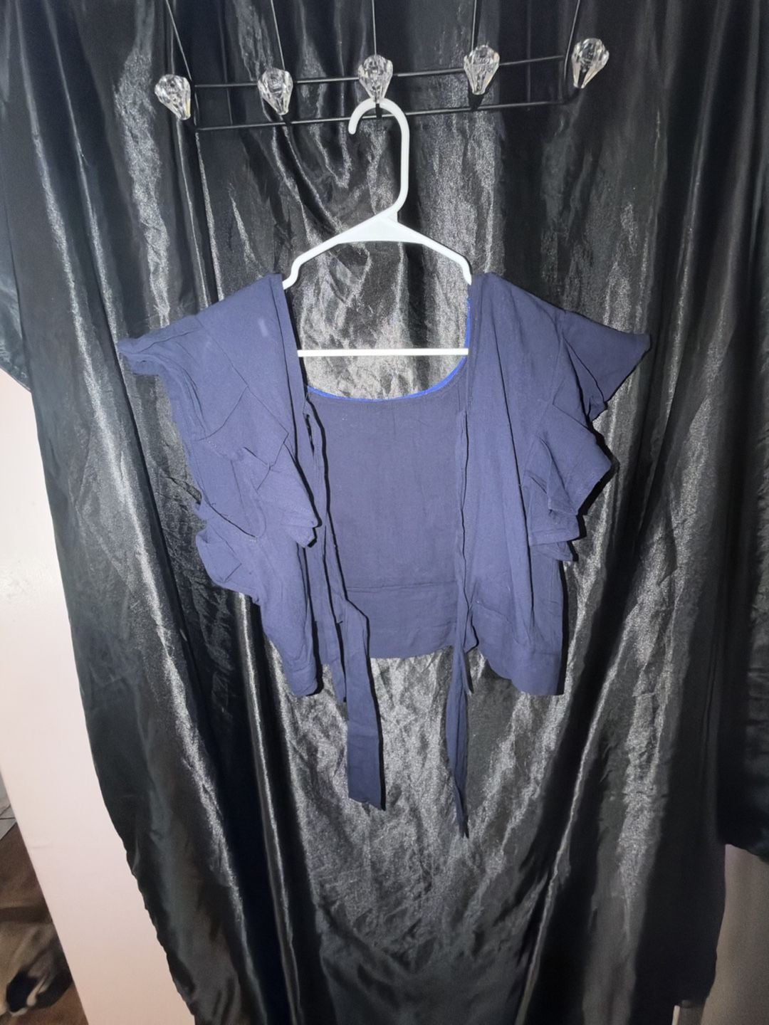Mexican Artisan Embroidered Floral Ruffle Crop Top Navy Blue 6