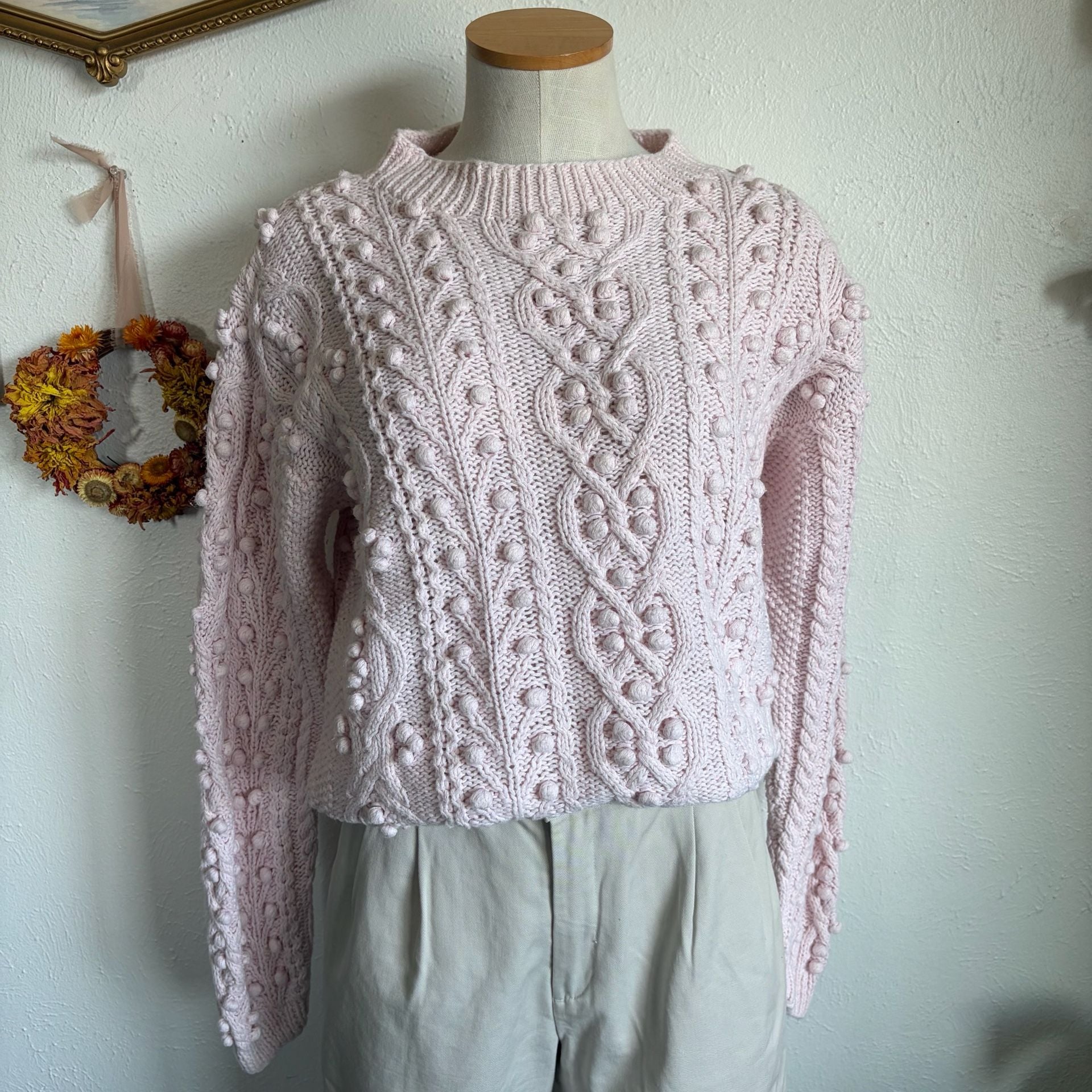Vintage Cable Knit Sweater Size S Pink Cotton Ramie 2