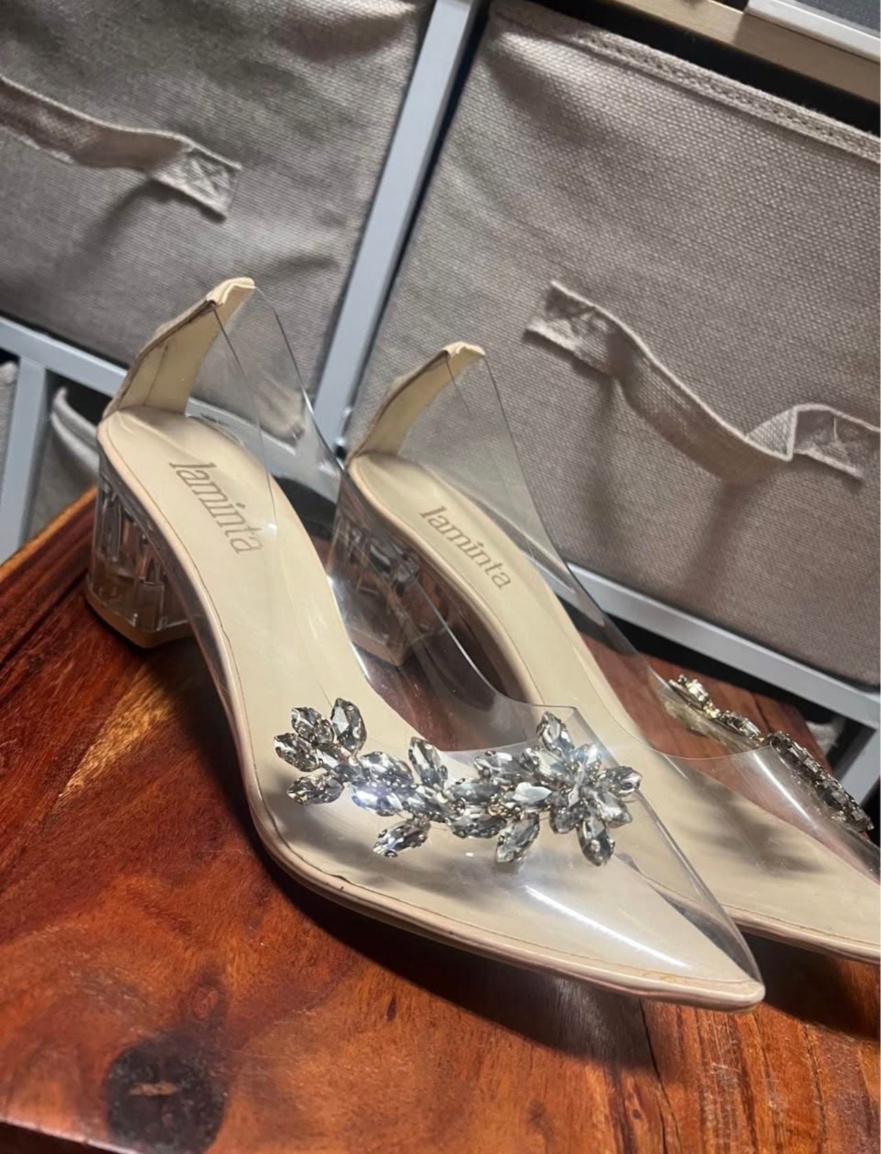 Hand Made Laminta Clear Block Heel Rhinestone Pointed Pumps Size 41 Nude 2