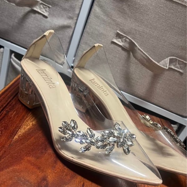 Hand Made Laminta Clear Block Heel Rhinestone Pointed Pumps Size 41 Nude