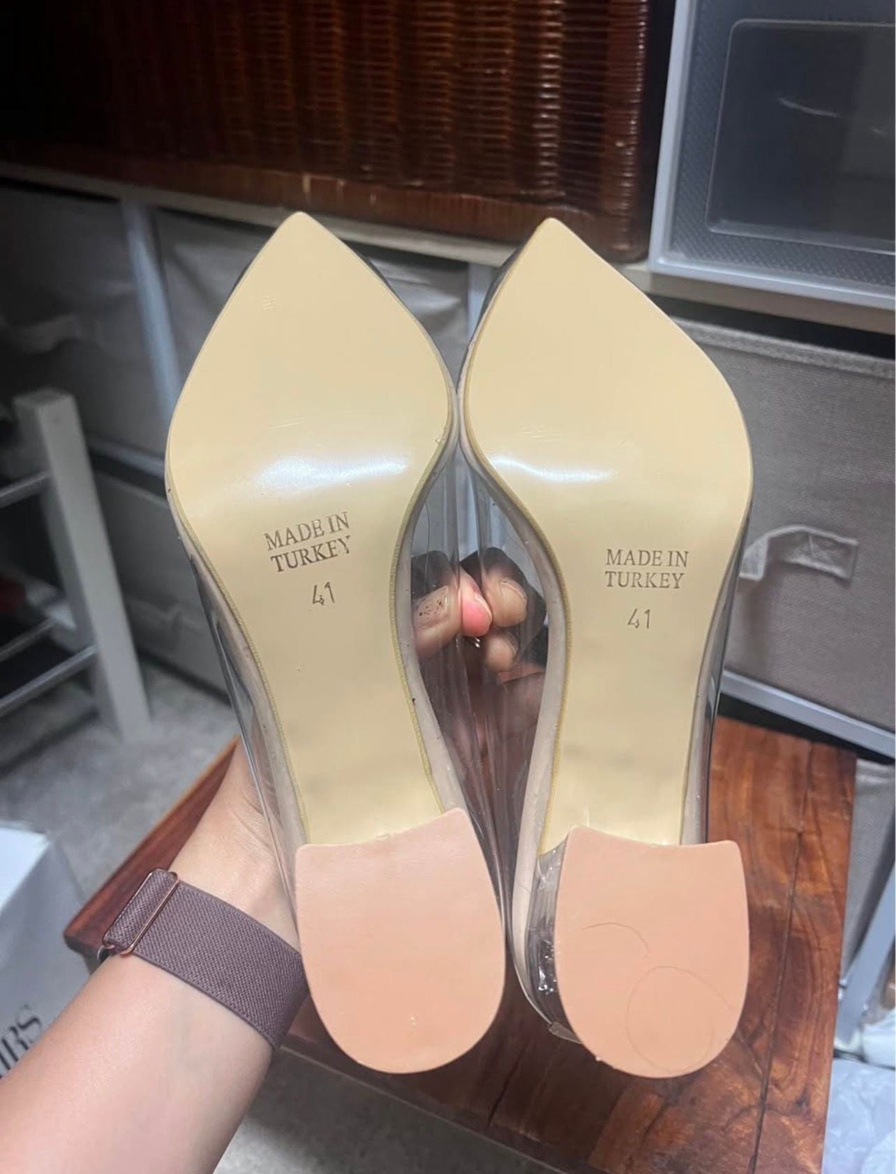 Hand Made Laminta Clear Block Heel Rhinestone Pointed Pumps Size 41 Nude 3