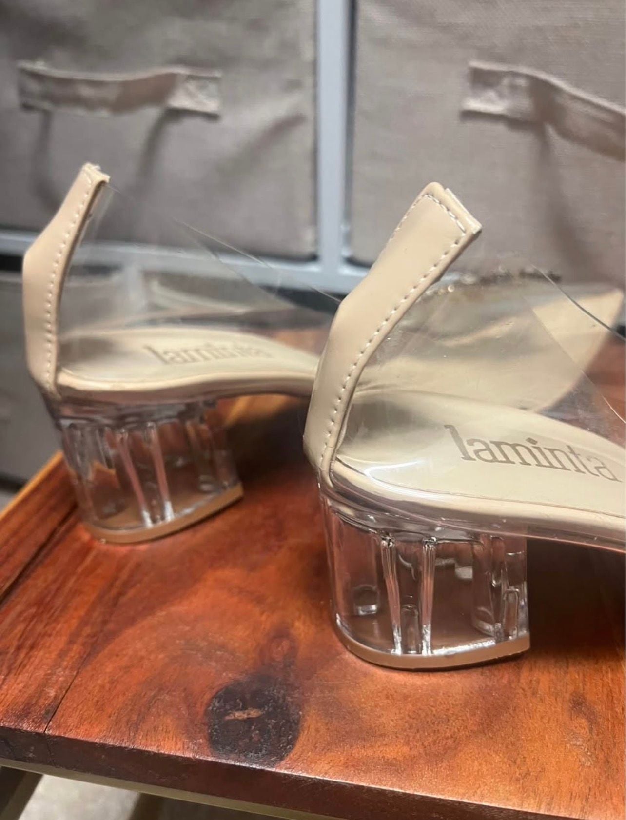Hand Made Laminta Clear Block Heel Rhinestone Pointed Pumps Size 41 Nude 5
