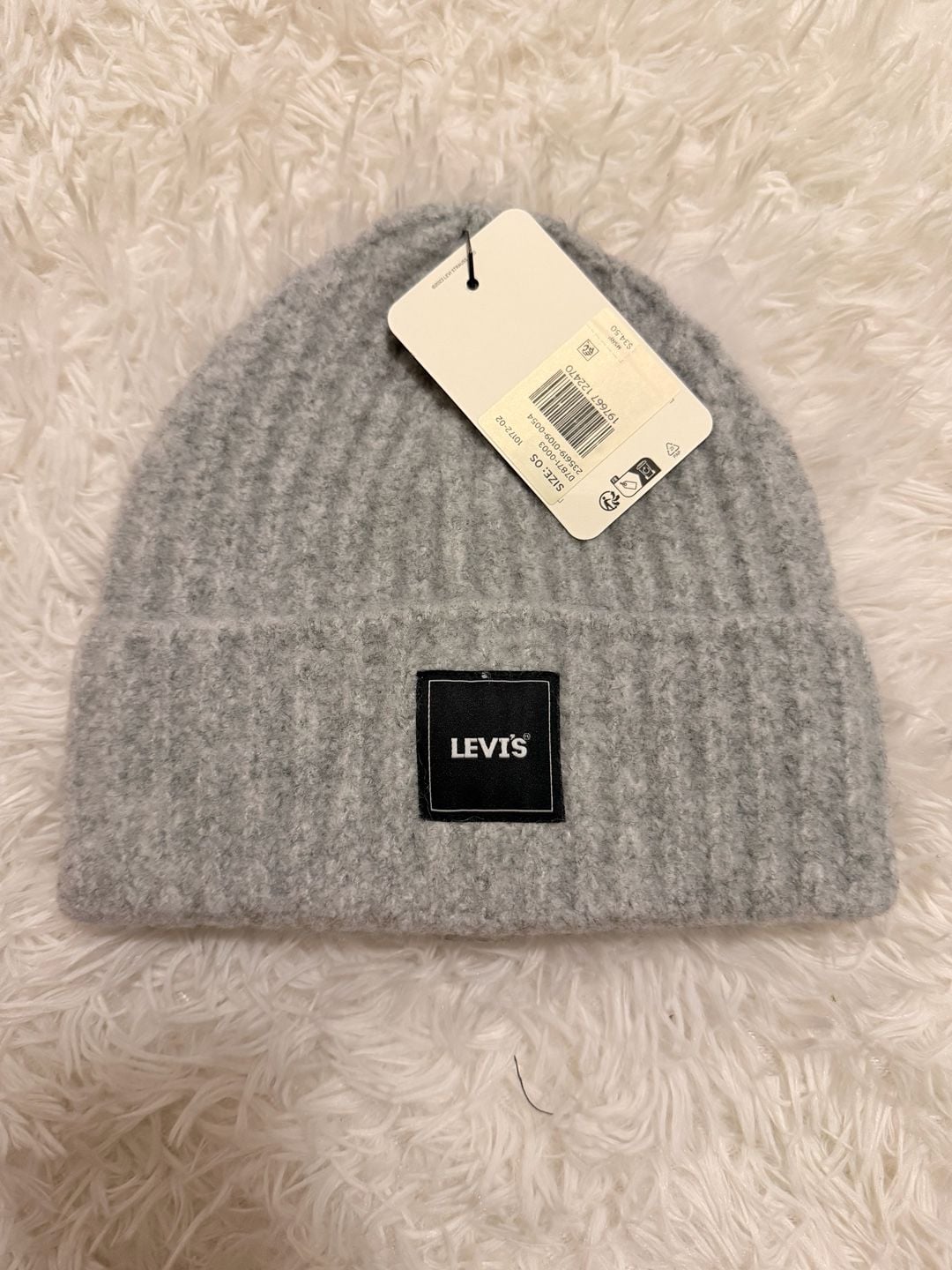 Levi's Essential Ribbed Beanie Size OS Grey Logo Patch Winter Hat 2