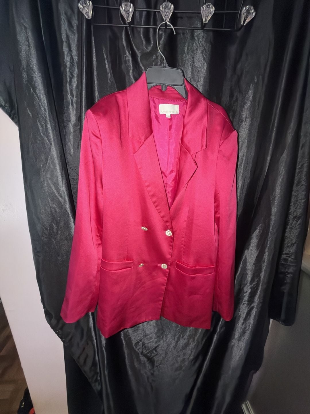 Flying Tomato Blazer Size L Fuchsia Satin Double Breasted Rhinestone 2