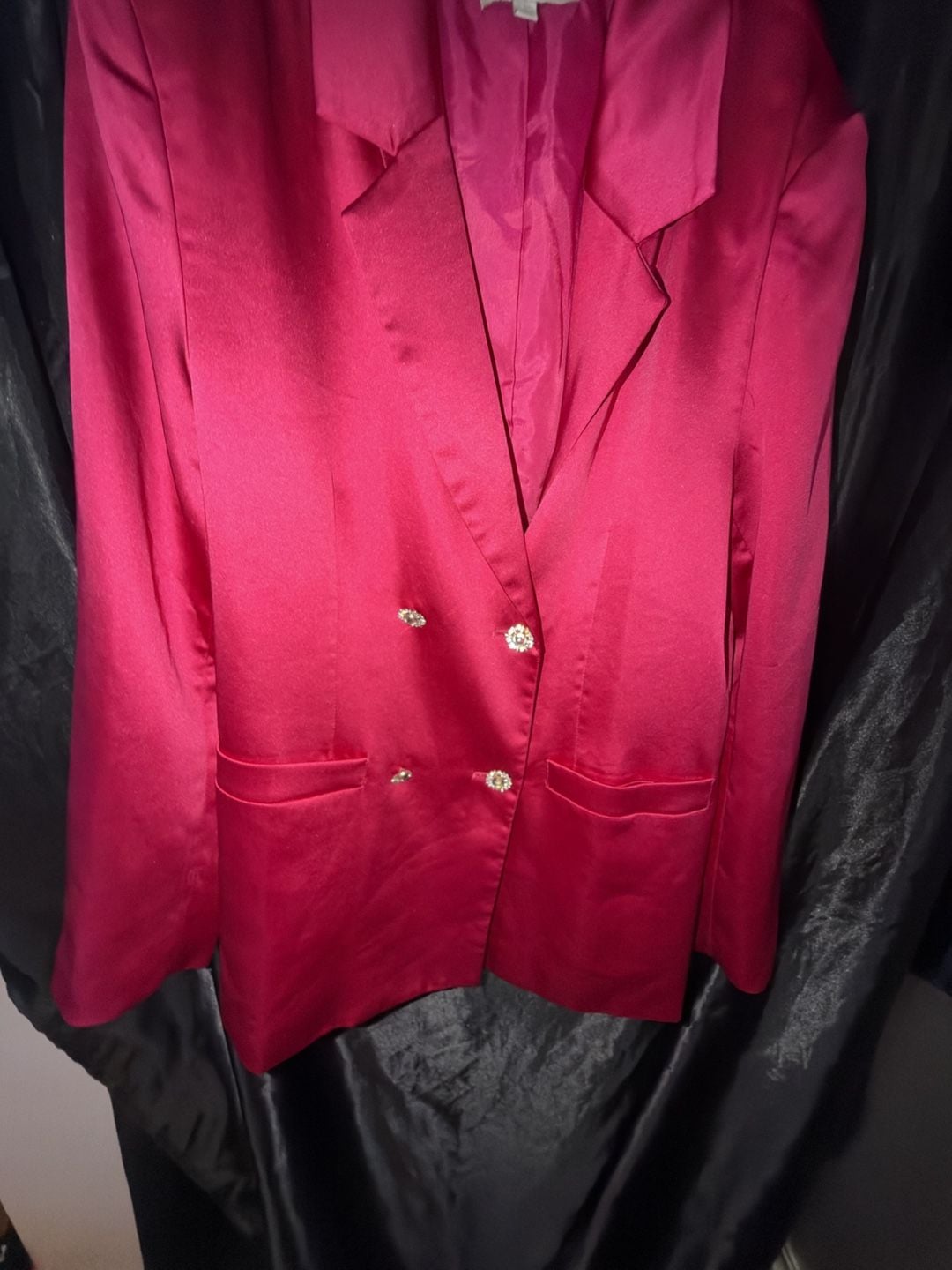 Flying Tomato Blazer Size L Fuchsia Satin Double Breasted Rhinestone 3