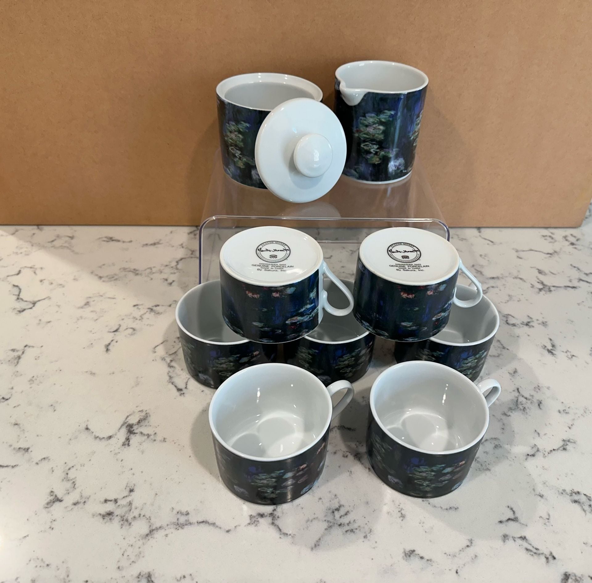 Claude Monet Water Lilies Porcelain Tea Set of 7 cups with Sugar Bowl and Creamer, 1