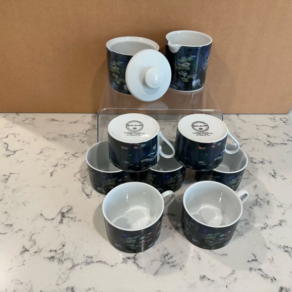 Claude Monet Water Lilies Porcelain Tea Set of 7 cups with Sugar Bowl and Creamer,
