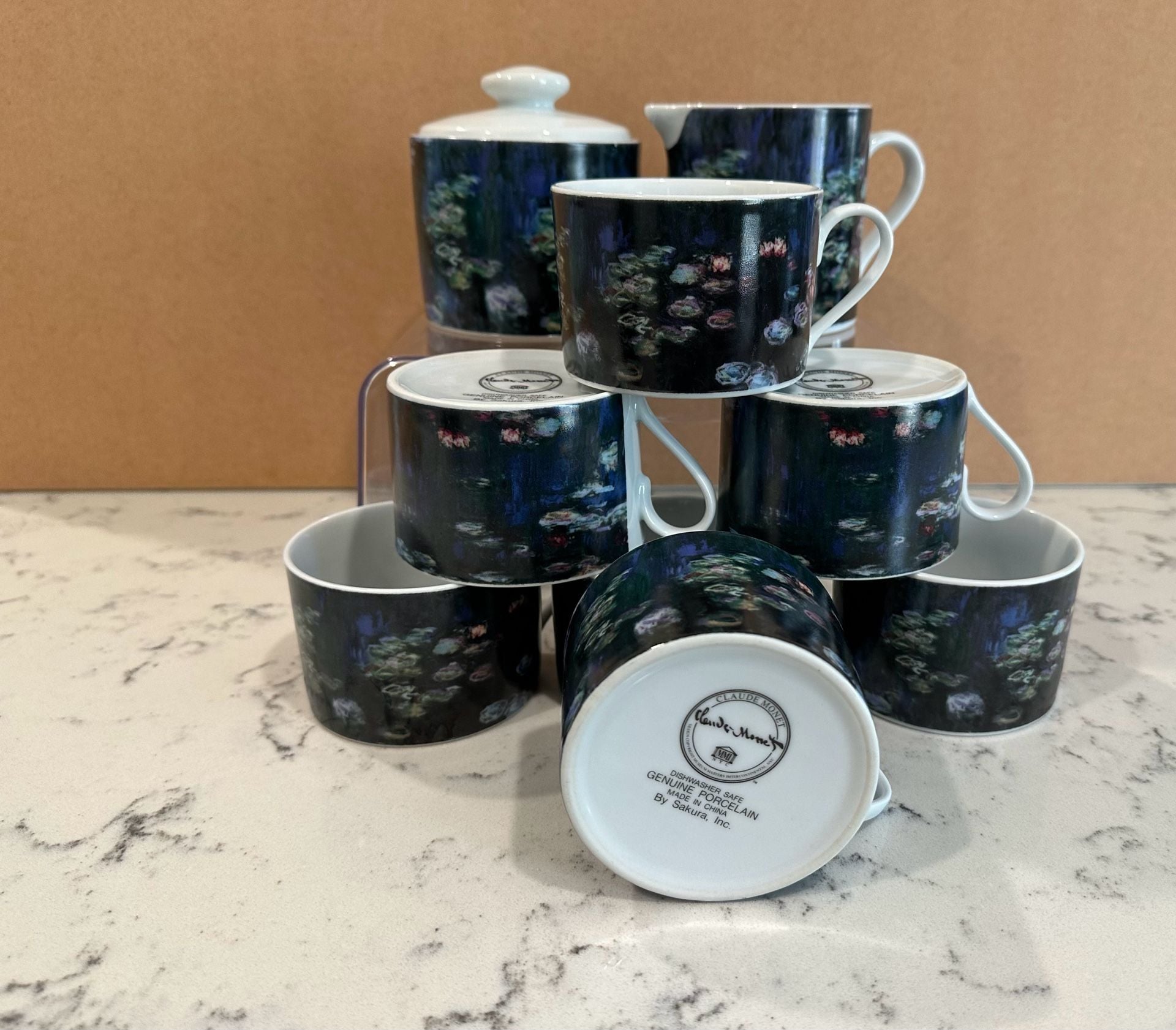Claude Monet Water Lilies Porcelain Tea Set of 7 cups with Sugar Bowl and Creamer, 6