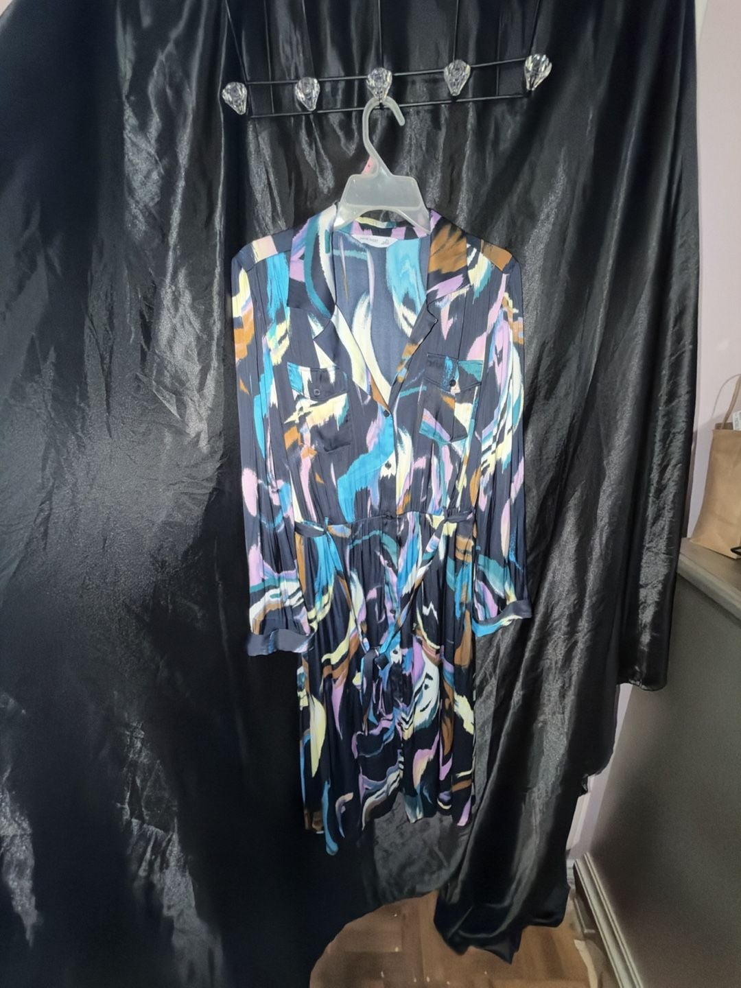 Nine West Midi Shirt Dress Size XL Multi-Color Abstract Satin 2