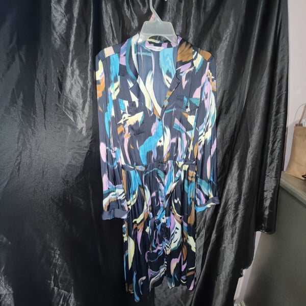 Nine West Midi Shirt Dress Size XL Multi-Color Abstract Satin