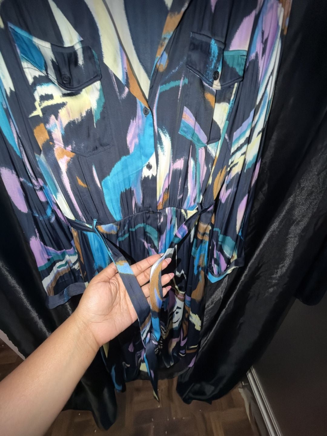 Nine West Midi Shirt Dress Size XL Multi-Color Abstract Satin 7