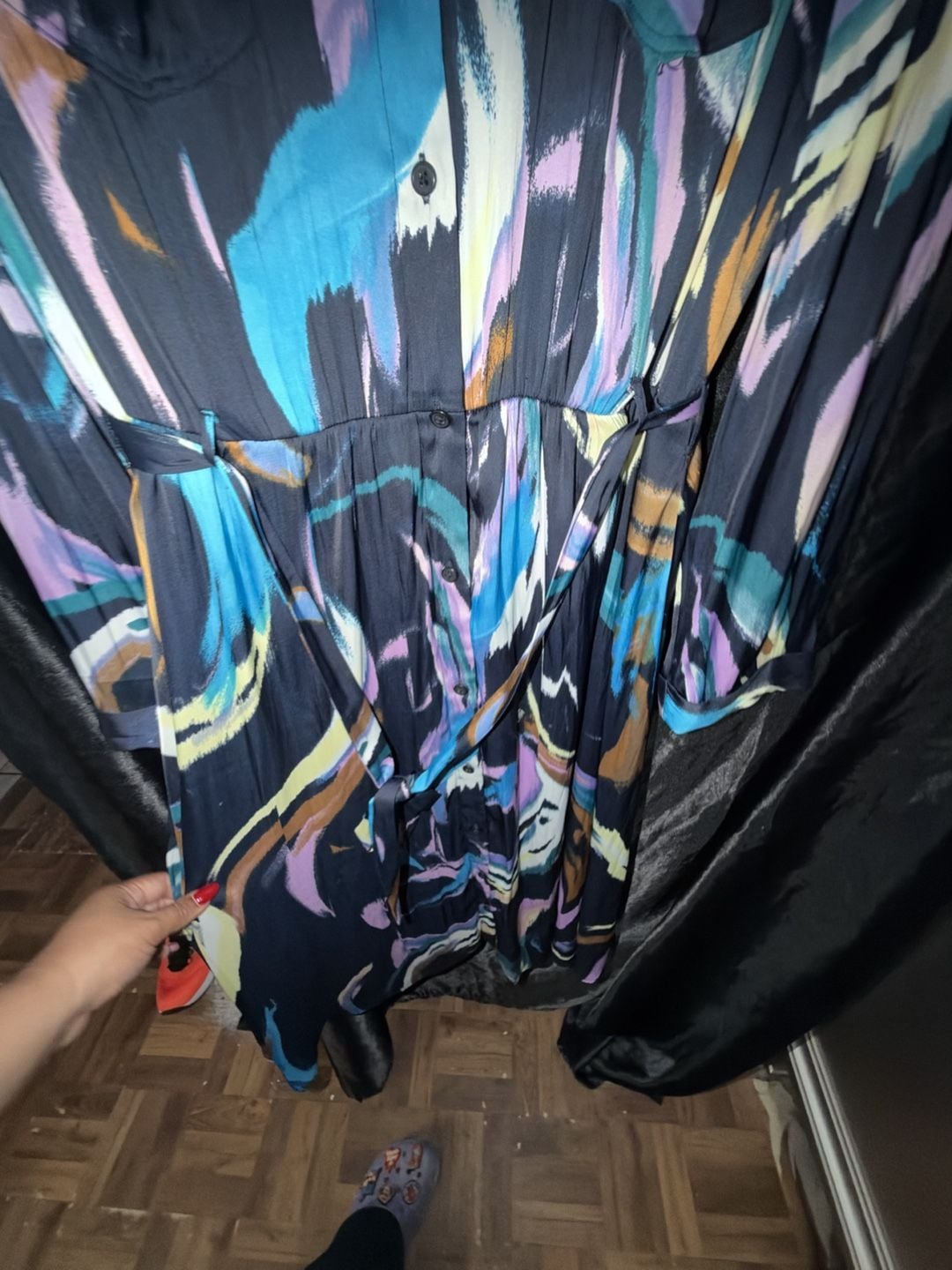 Nine West Midi Shirt Dress Size XL Multi-Color Abstract Satin 8