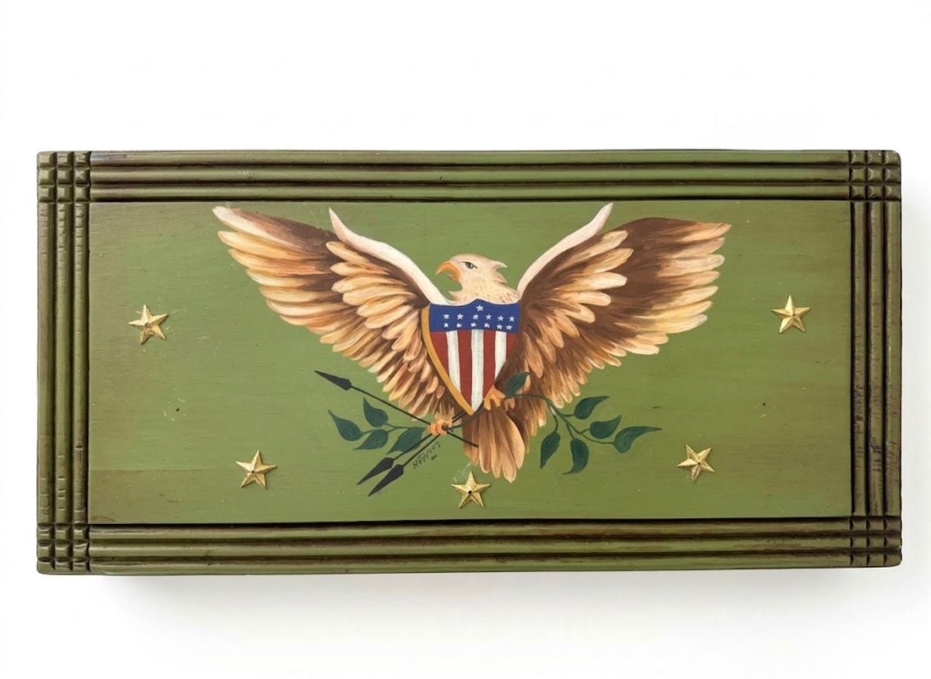 M Toppins Vintage Hand Painted Patriotic Eagle Wooden Wall Plaque 16x8 - Artist Signed, 1968 1
