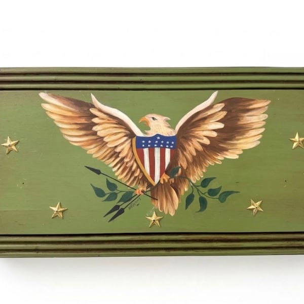M Toppins Vintage Hand Painted Patriotic Eagle Wooden Wall Plaque 16x8 - Artist Signed, 1968
