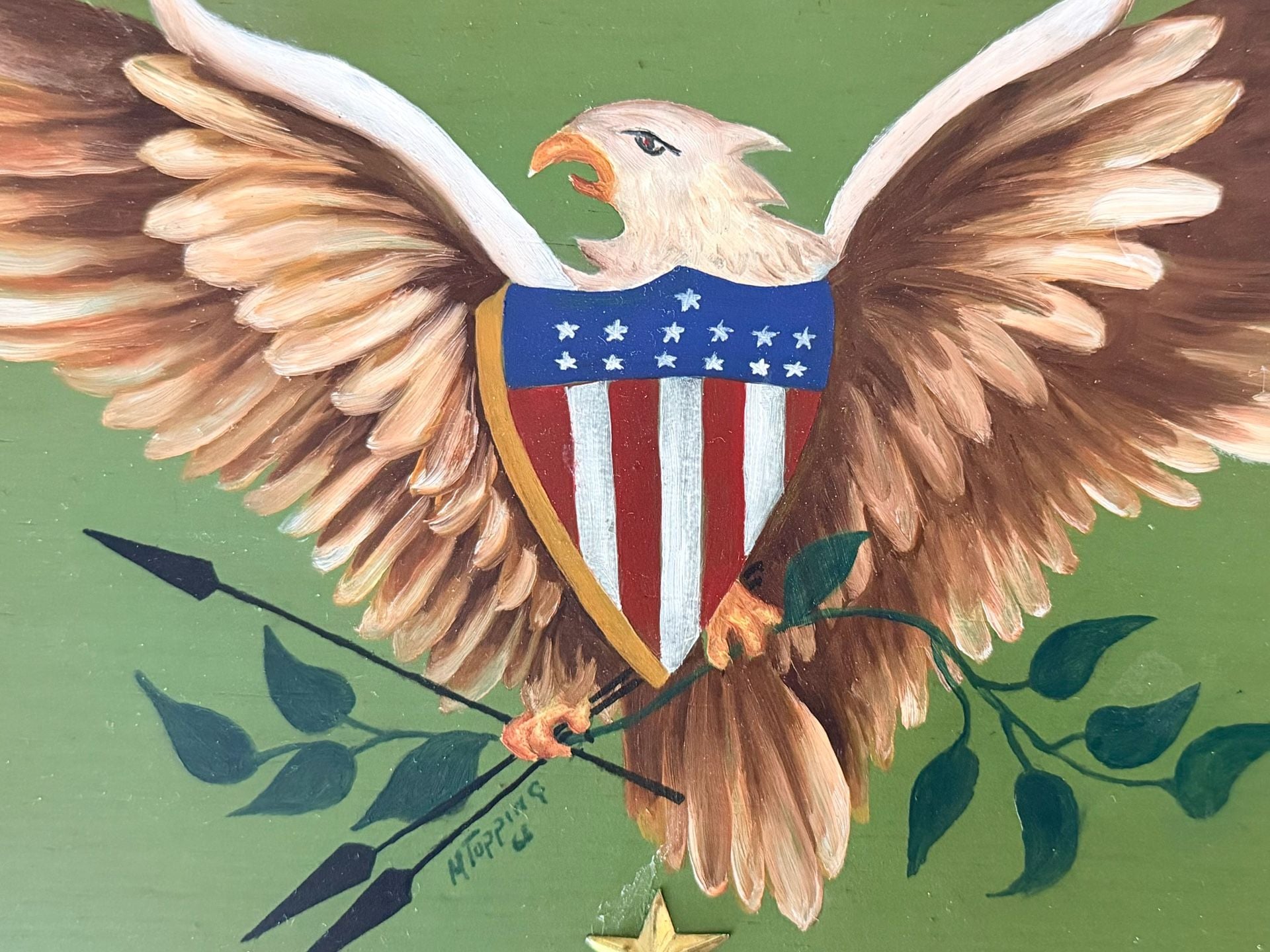 M Toppins Vintage Hand Painted Patriotic Eagle Wooden Wall Plaque 16x8 - Artist Signed, 1968 2