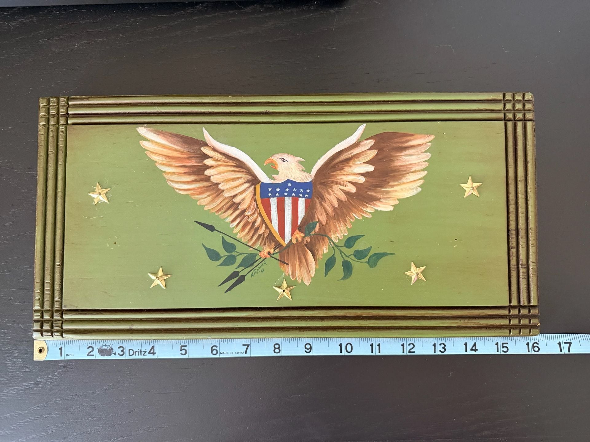 M Toppins Vintage Hand Painted Patriotic Eagle Wooden Wall Plaque 16x8 - Artist Signed, 1968 4