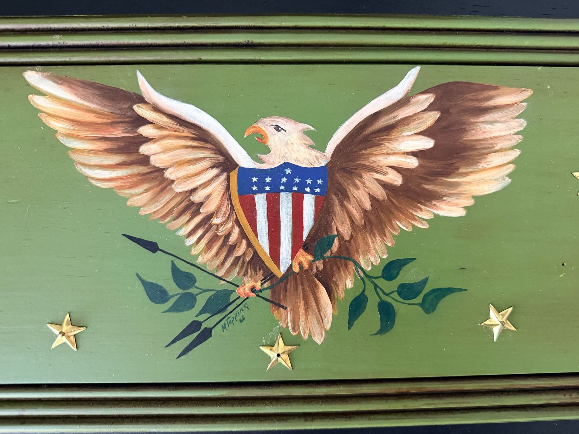 M Toppins Vintage Hand Painted Patriotic Eagle Wooden Wall Plaque 16x8 - Artist Signed, 1968 6