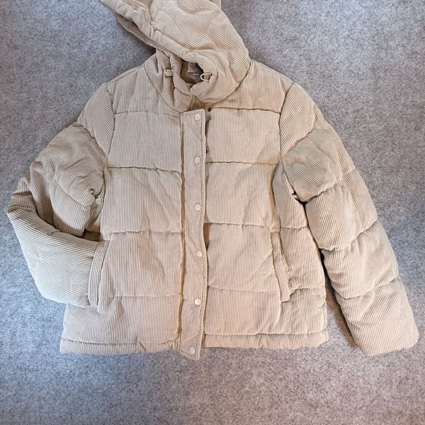 Ci Sono Puffer Jacket Size XL Ecru Corduroy Hooded Zip Snap