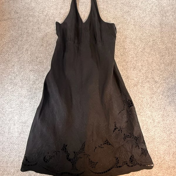 Ann Taylor Halter Dress Size 8 Black Linen Embroidered Cutout