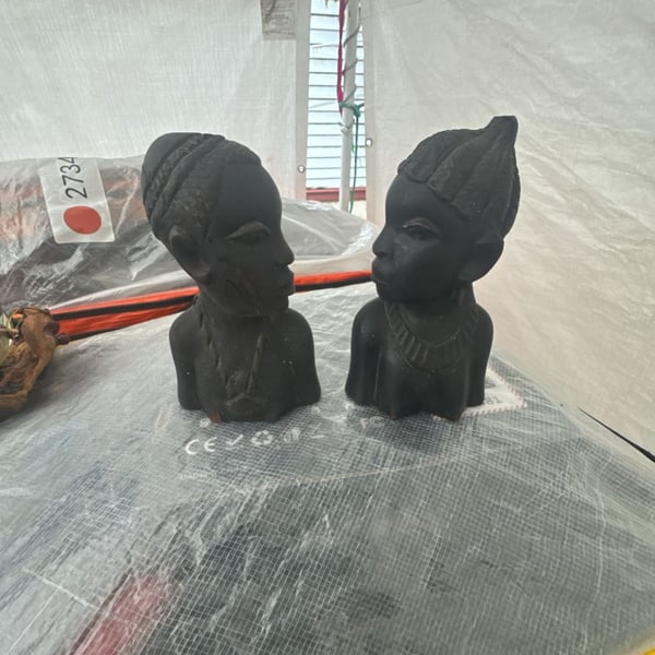 Vintage Hand Carved Wooden African Tribal Woman Bust Sculpture Pair