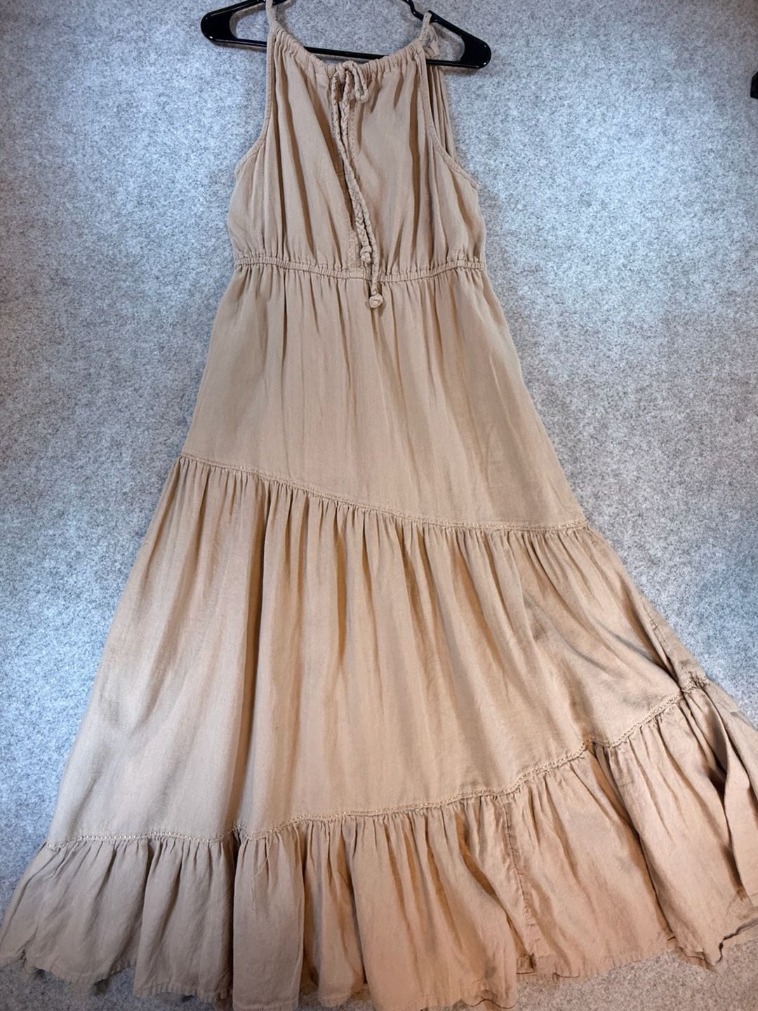 Rachel Zoe Tiered Maxi Dress Size L Beige Linen Blend Halter Pockets 8
