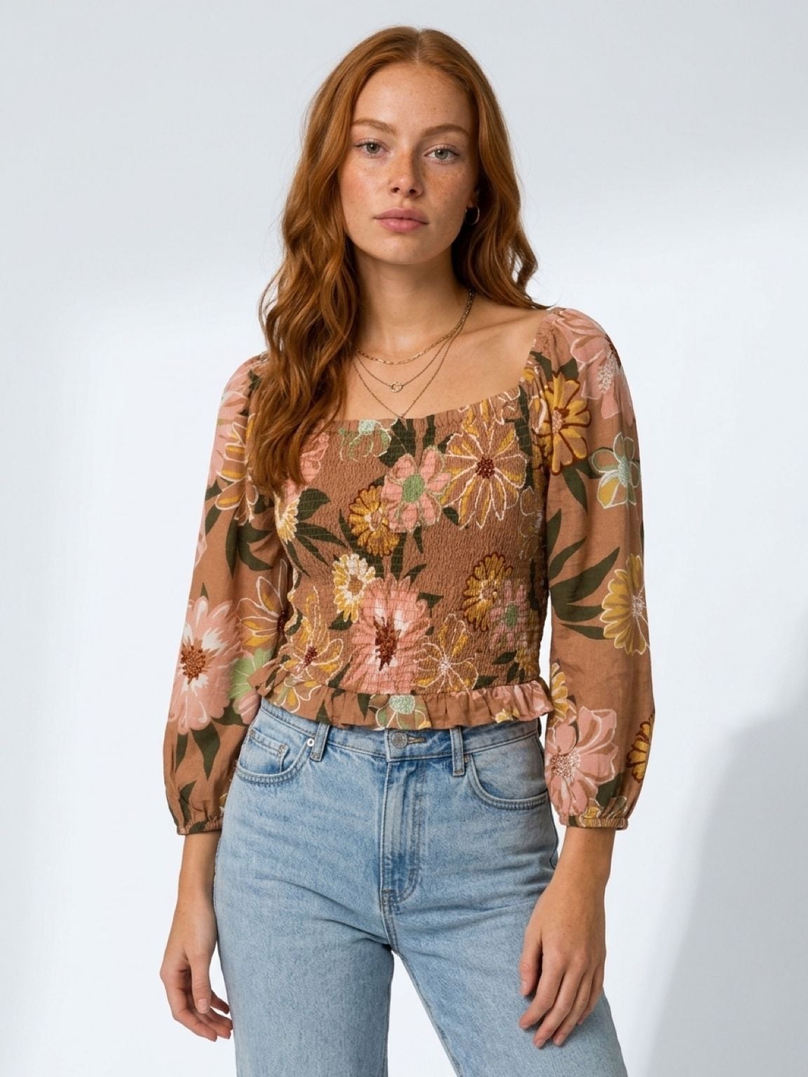 ROXY Like The Sun Again Floral Smocked Off Shoulder Crop Top Brown Size L 2