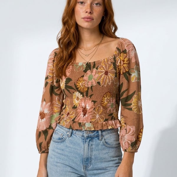ROXY Like The Sun Again Floral Smocked Off Shoulder Crop Top Brown Size L