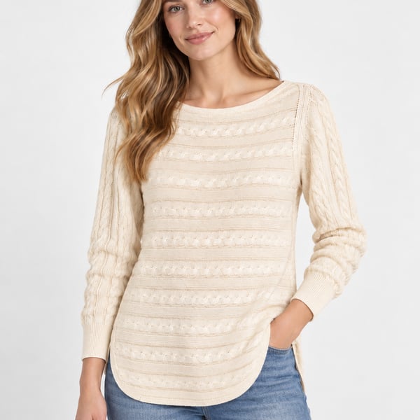 Lauren Ralph Lauren Ivory Horizontal Cable Knit Boatneck Sweater Womens L NWT