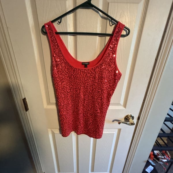 Women's Express Scoop Neck Fully Sequined Coral Red Fitted Tank Top Camisole XS