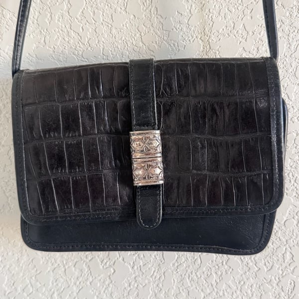 Fossil Black Embossed Croc Leather Crossbody Handbag