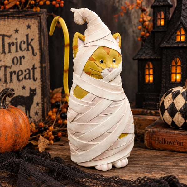 Orange Cat Mummy Figurine Halloween Decor Spring Tail Witch Hat Primitive Vtg