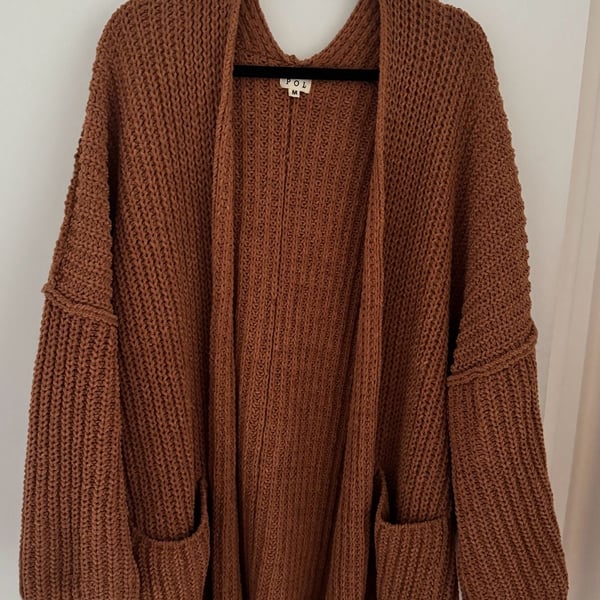 POL Open Front Chunky Knit Cardigan Size M Brown Oversized