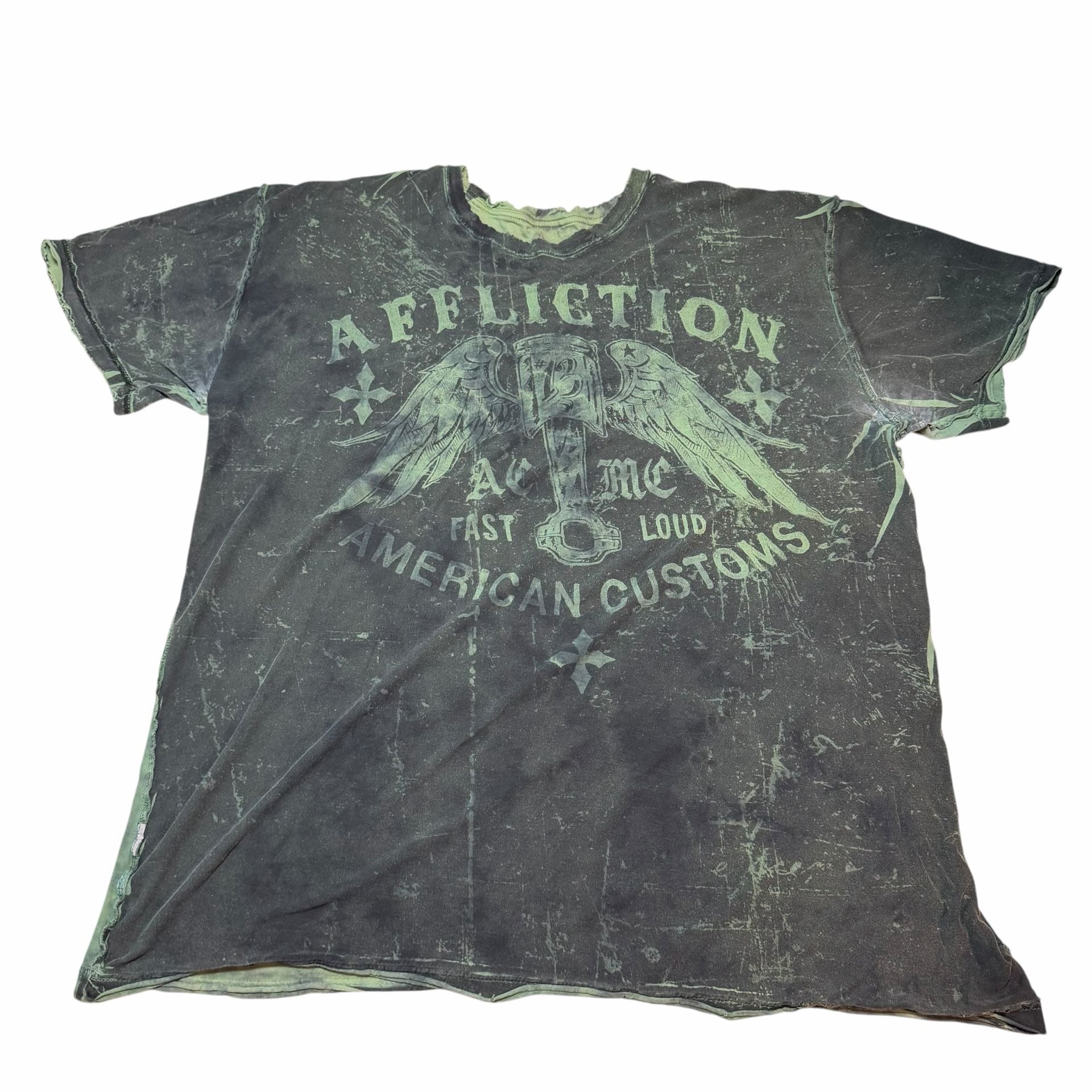 Affliction American Customs Motor Club T-Shirt Green Tie Dye Graphic Tee 4