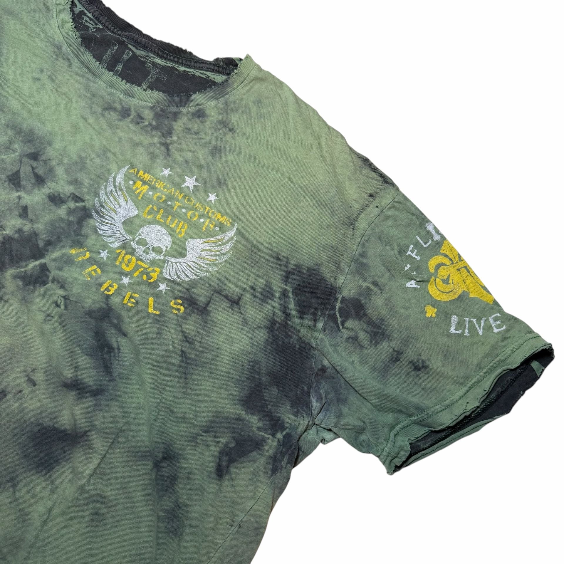 Affliction American Customs Motor Club T-Shirt Green Tie Dye Graphic Tee 6