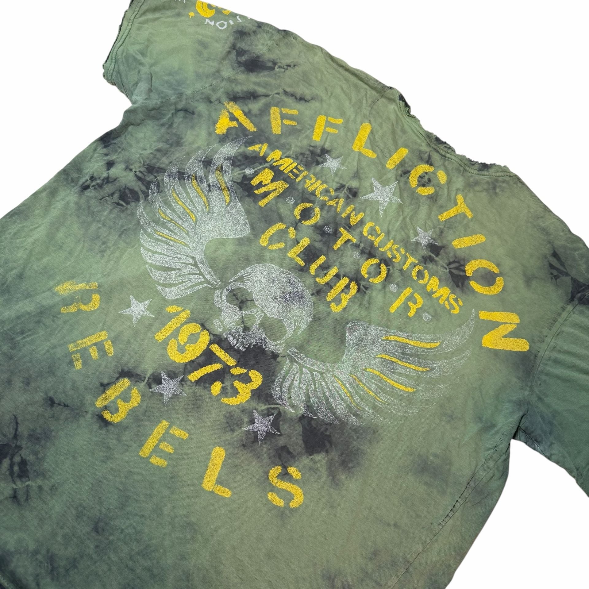 Affliction American Customs Motor Club T-Shirt Green Tie Dye Graphic Tee 8