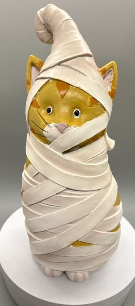 Orange Cat Mummy Figurine Halloween Decor Spring Tail Witch Hat Primitive Vtg 7