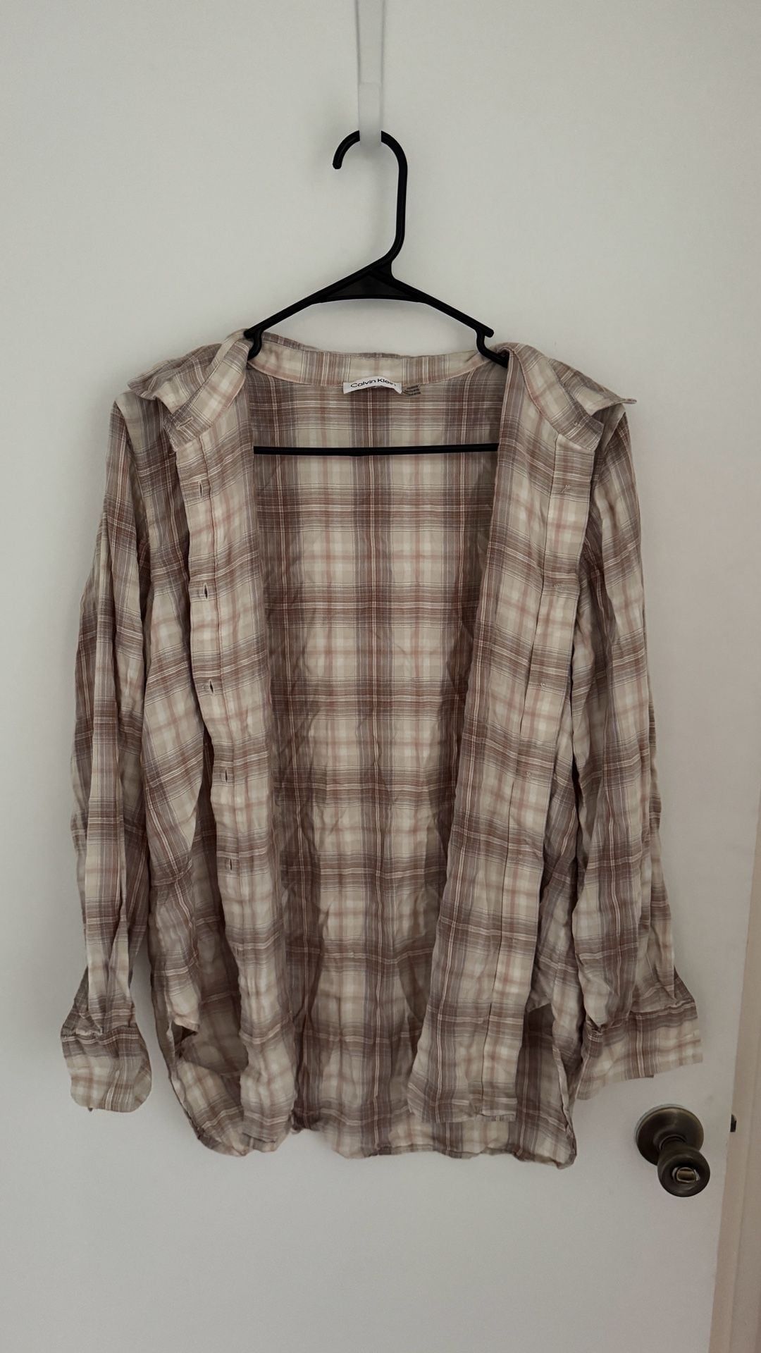 Calvin Klein Plaid Long Sleeve Button-Up Shirt Brown Beige 2