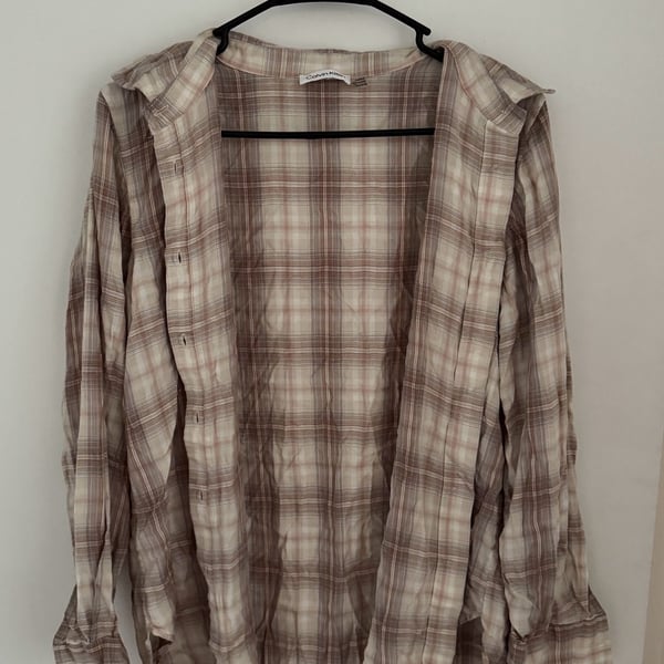 Calvin Klein Plaid Long Sleeve Button-Up Shirt Brown Beige