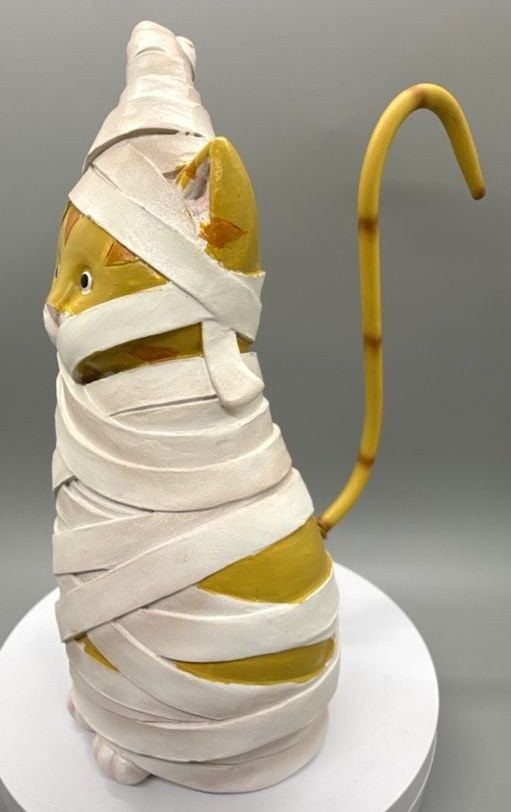 Orange Cat Mummy Figurine Halloween Decor Spring Tail Witch Hat Primitive Vtg 8