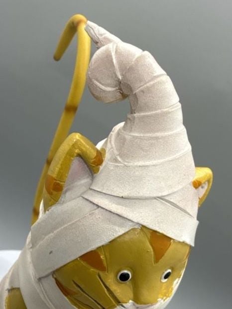 Orange Cat Mummy Figurine Halloween Decor Spring Tail Witch Hat Primitive Vtg 11