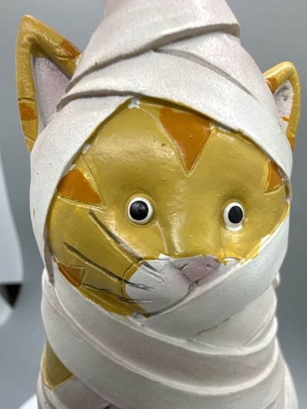 Orange Cat Mummy Figurine Halloween Decor Spring Tail Witch Hat Primitive Vtg 12