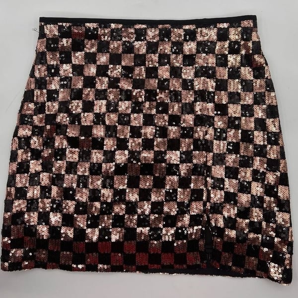 Blu Pepper Sequin Skirt Size M Checkered Rose Gold Black Mini Slit