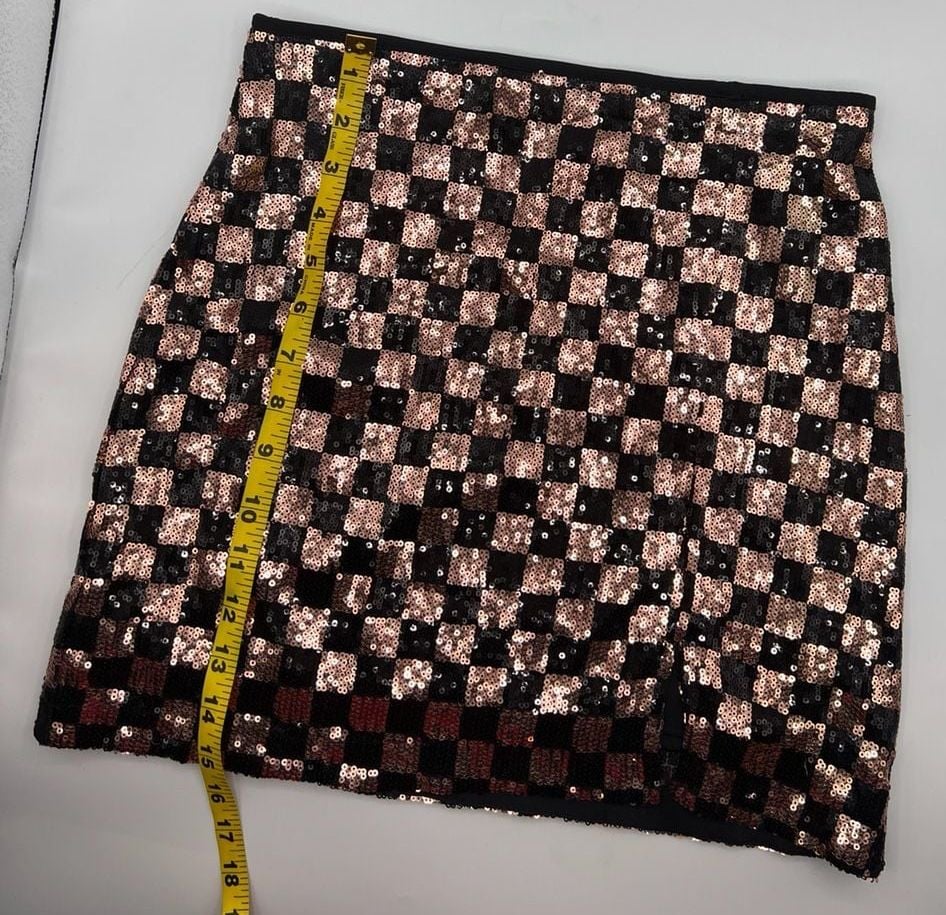 Blu Pepper Sequin Skirt Size M Checkered Rose Gold Black Mini Slit 8