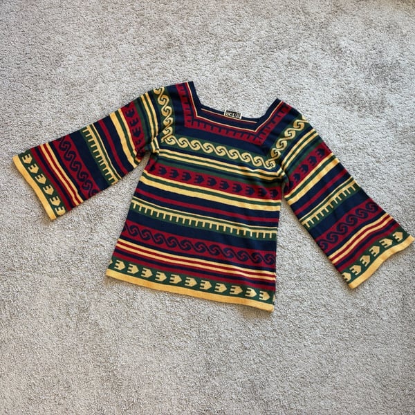 70s Rasta Geometric Tribal Striped Knit Top Sz 16