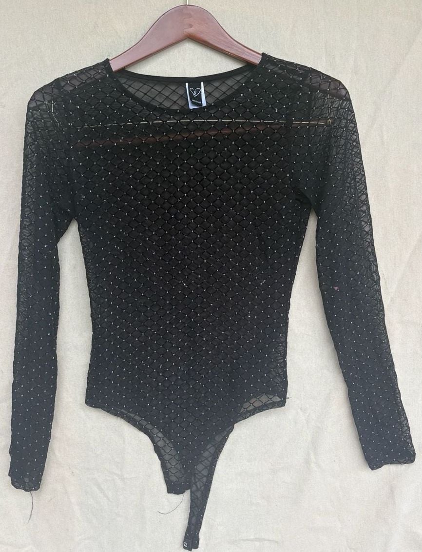 Windsor Black Mesh Long Sleeve Bodysuit with Silver Glitter 4