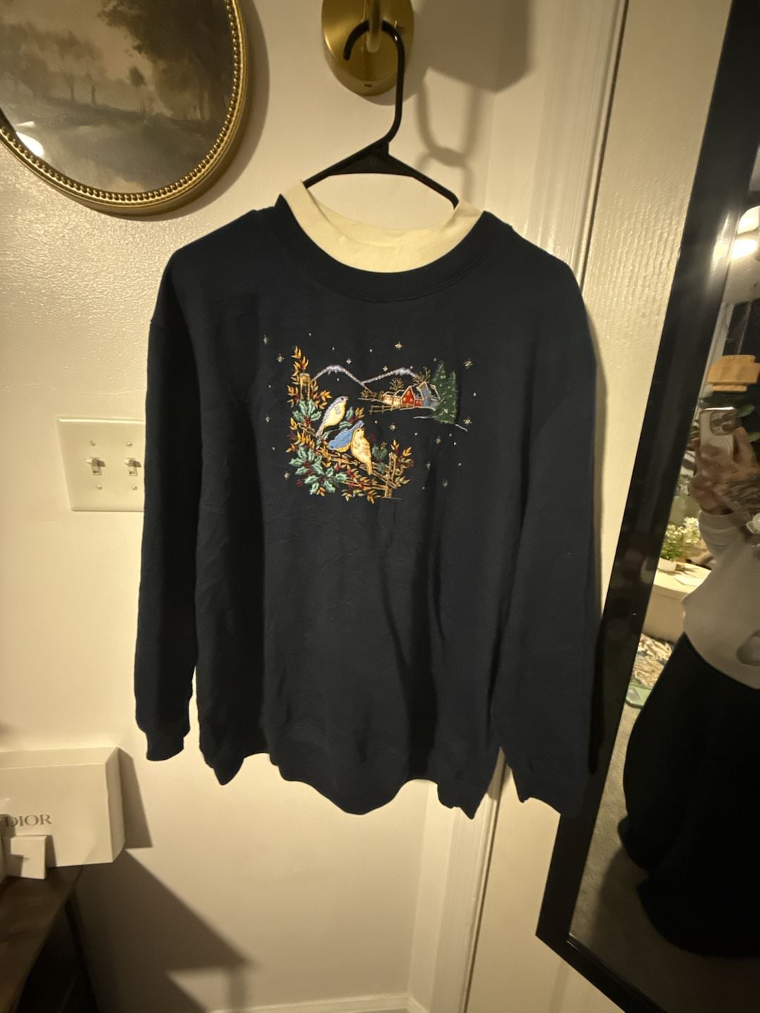 Bobbie Brooks Winter Scene Birds Sweatshirt Navy Blue 2